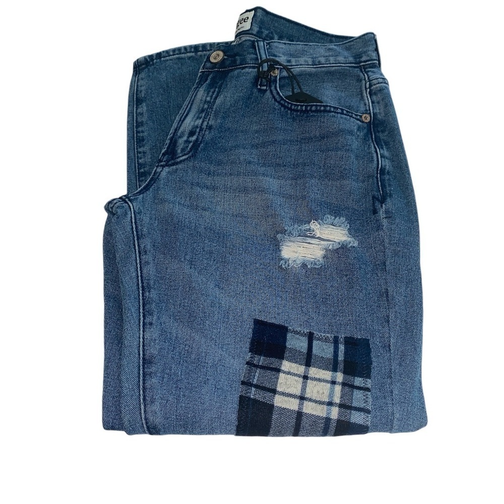Umgee Jeans Company jeans boyfriend style distressed patches accents Sz 26 NWT
